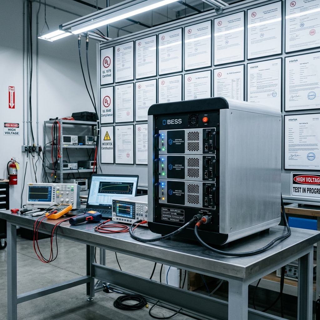 A rack-mounted battery energy storage system in a certification test lab — capable, innovative, and grounded until the paperwork clears.