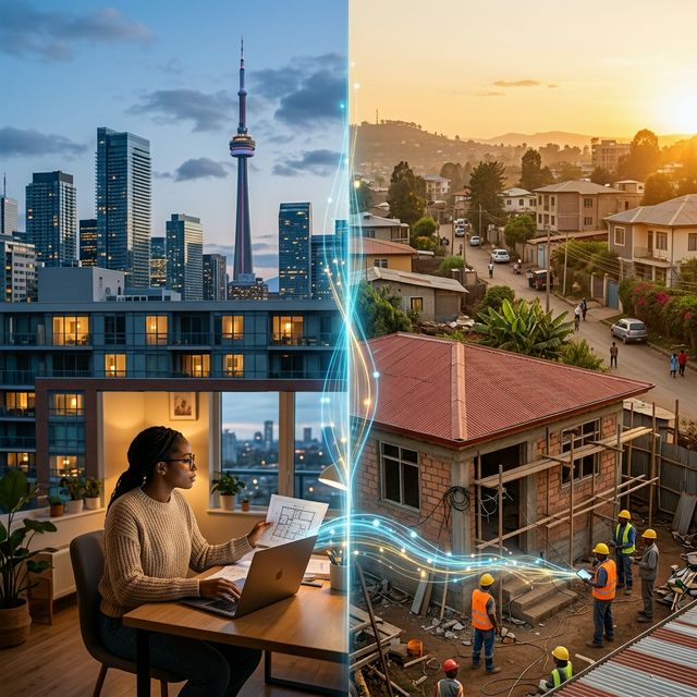 A kitchen renovation before and after — demolished walls and exposed wiring on the left, modern finished kitchen on the right
