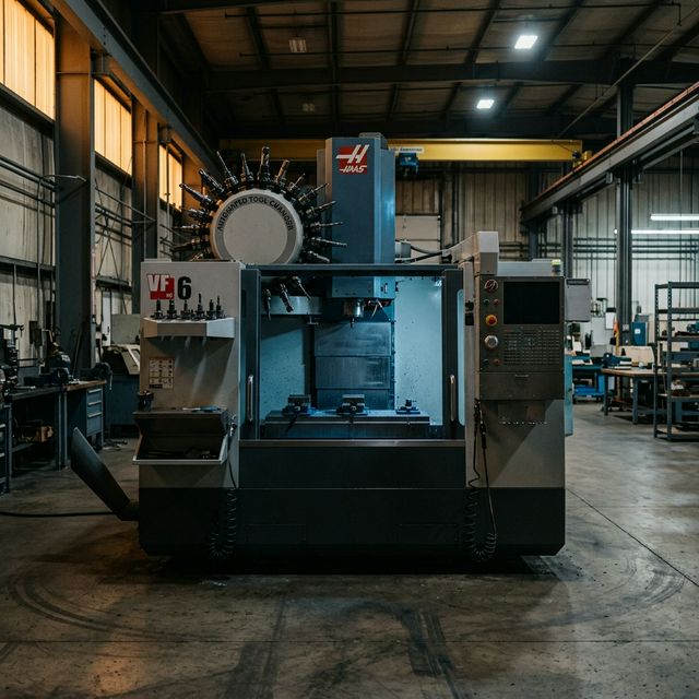 A five-axis machining centre at the end of the day shift — capable, maintained, and idle