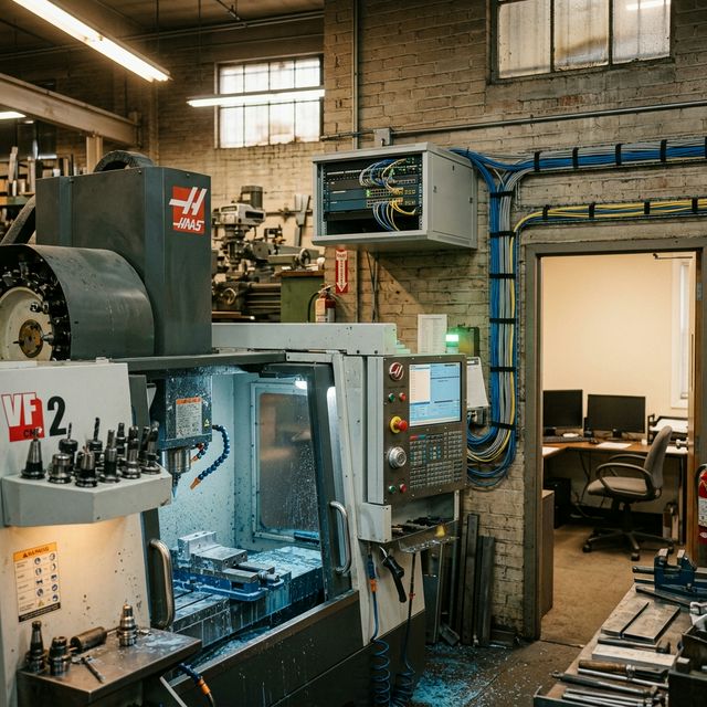 A CNC machining shop where the network switch on the wall matters as much as the machines on the floor