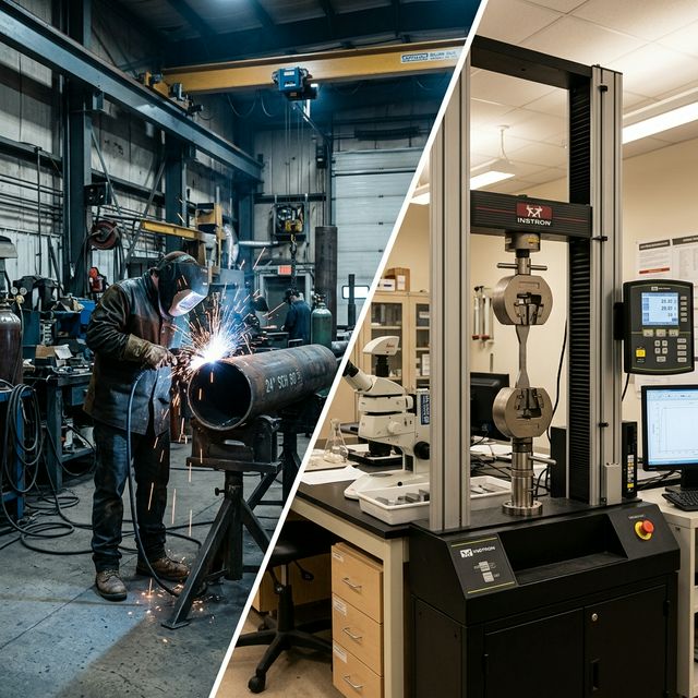 A tensile testing machine at a community college metallurgy lab — capable, certified, and idle most of the week