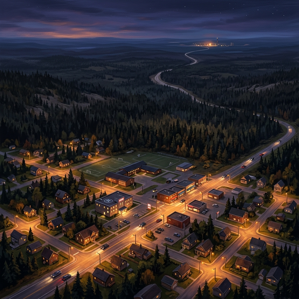 A small Northern Ontario highway town at dusk, with a new road cutting north through boreal forest toward the Ring of Fire