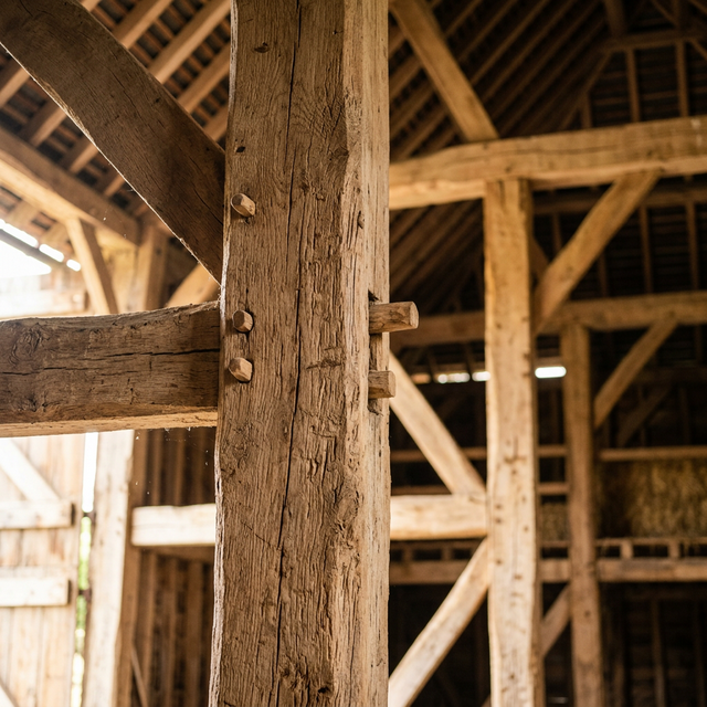 A timber-frame barn joint — mortise and tenon, joined with wooden pegs, held together by centuries of knowledge