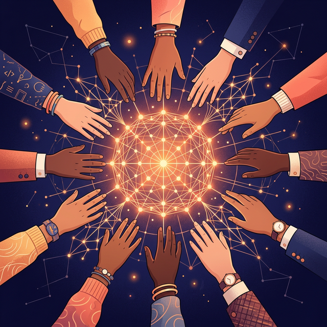 Diverse hands reaching toward a central glowing network hub