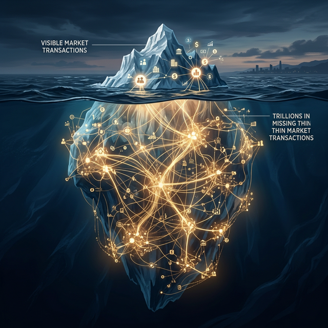 An iceberg with glowing commerce pathways hidden beneath the surface