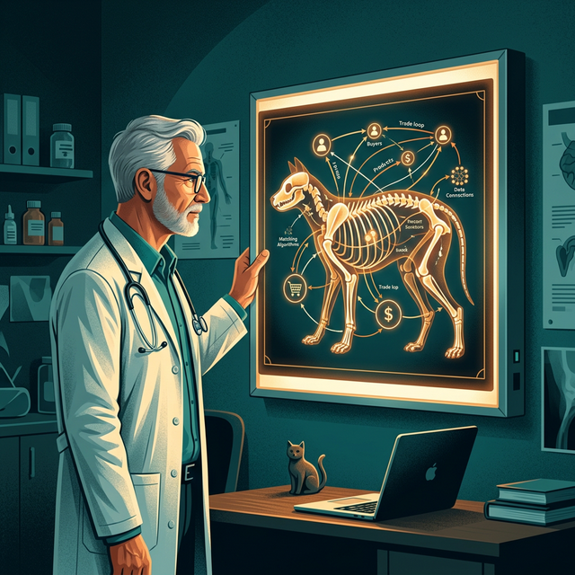 A veterinarian studying an X-ray that reveals the hidden structure of a marketplace