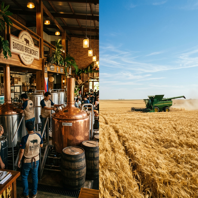 Split view — a Philippine craft brewery on the left, golden Canadian prairie barley fields on the right