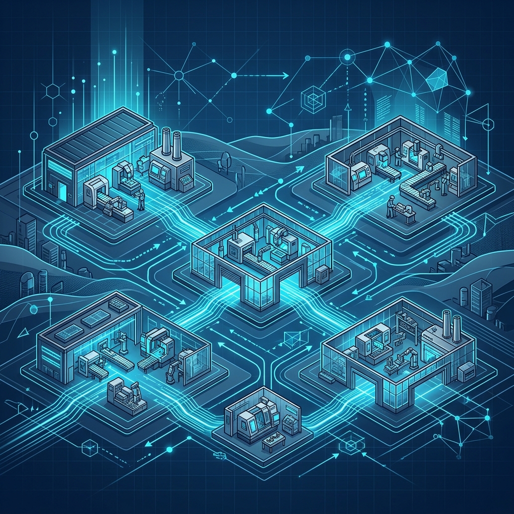 Conceptual illustration of AI-coordinated regional manufacturing networks