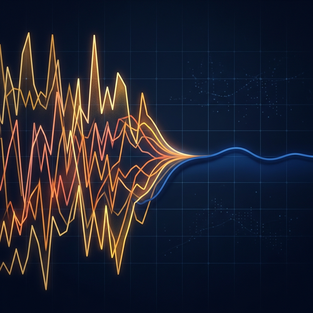 Volatile individual capacity curves merging into a smooth aggregate — the portfolio effect visualized