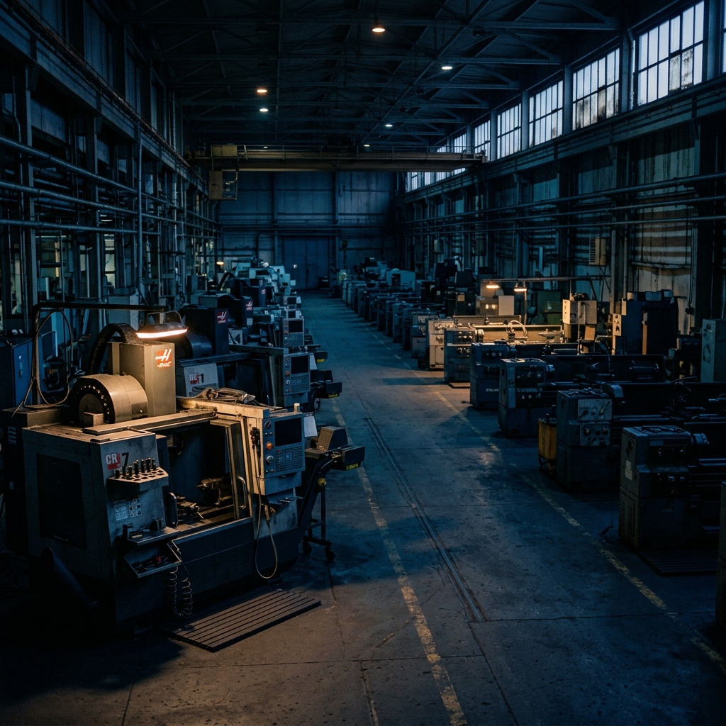 Rows of CNC machines receding into shadow on a darkened manufacturing floor — capability present but invisible