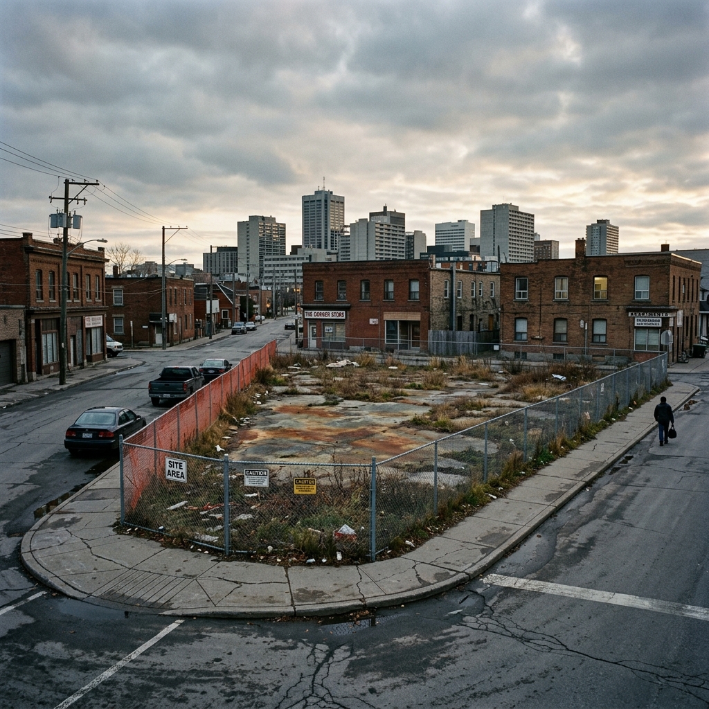 A vacant brownfield lot in a mid-sized Canadian city, with a development skyline visible in the distance.
