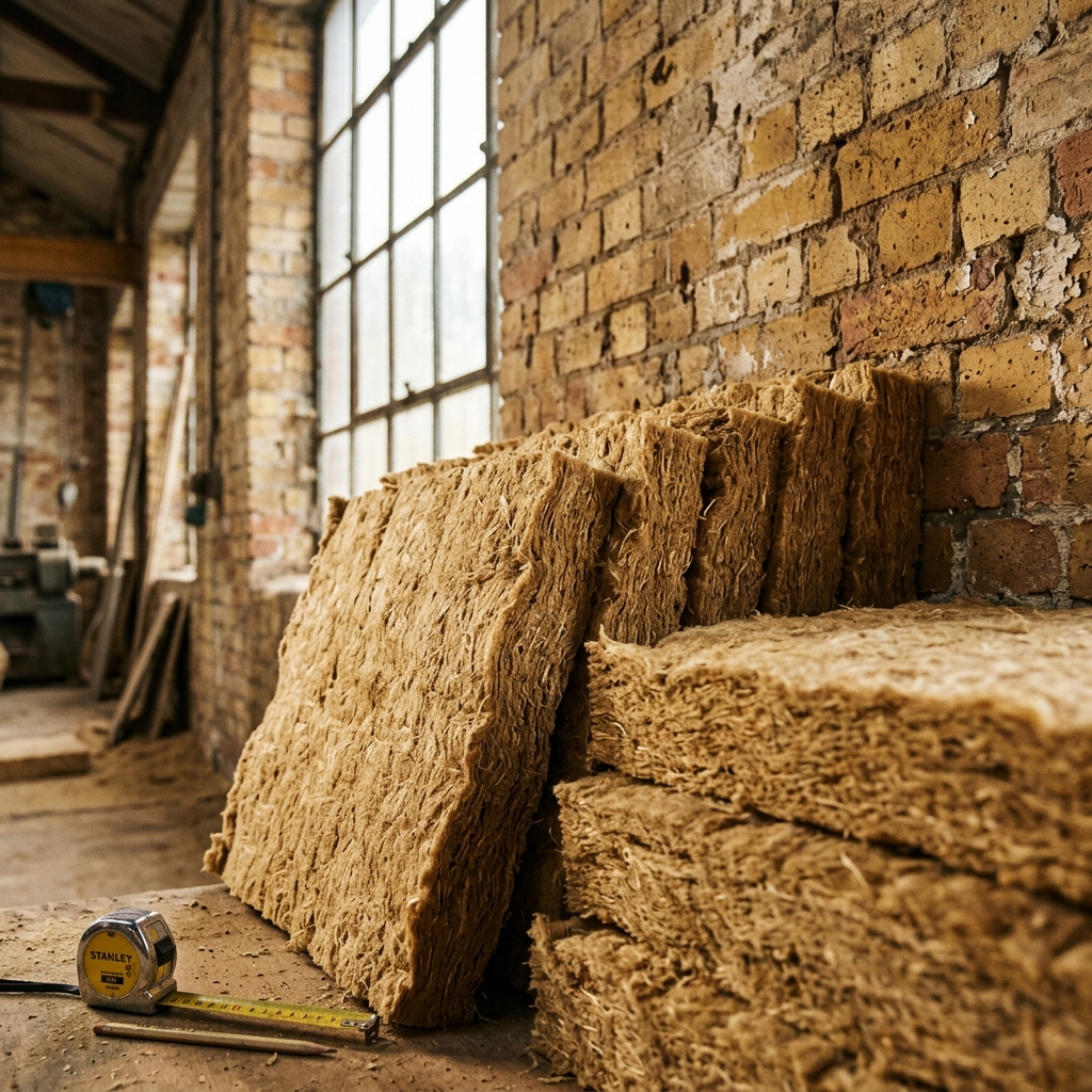 Bundles of raw seaweed-based insulation material, ready for installation.
