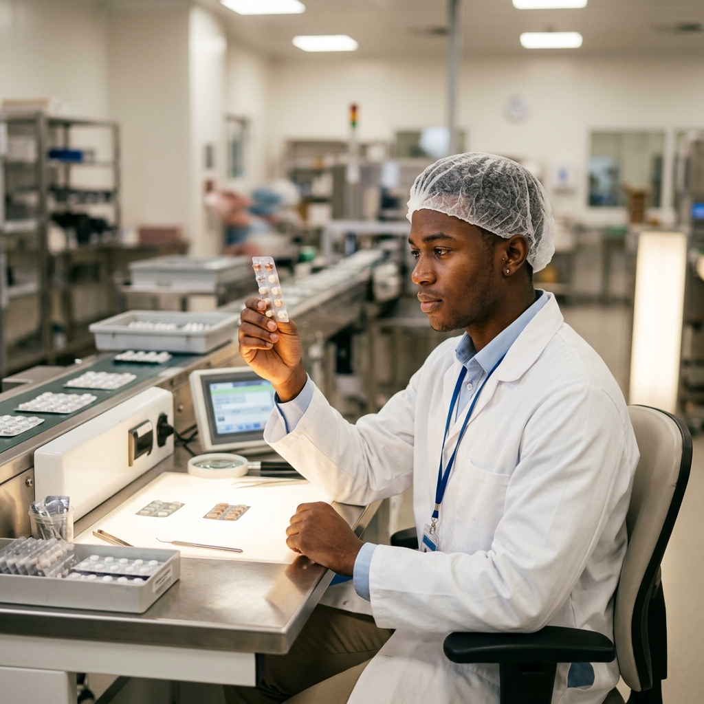 Blister pack inspection line at a contract pharmaceutical packaging facility outside Toronto. Photo illustration.
