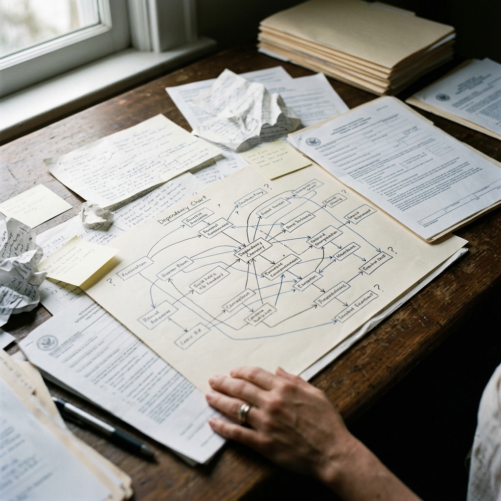 A hand-drawn dependency chart on scattered government forms — the informal map of reintegration.