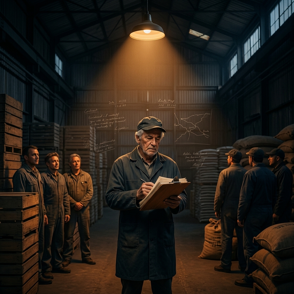 A seasoned broker stands at the center of a trading floor, the only connection between buyers and sellers on either side