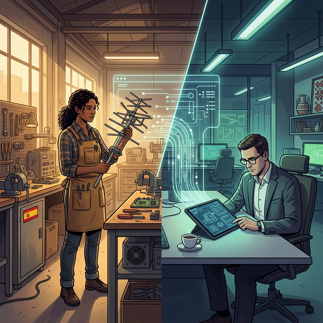 A split scene showing a Spanish engineer and a Ukrainian procurement officer connected by a digital matching engine