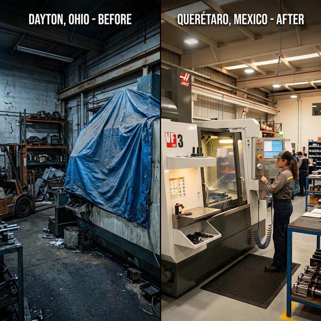 A CNC machining center under a tarp in Stratford, then clean and operational on a factory floor in Windsor