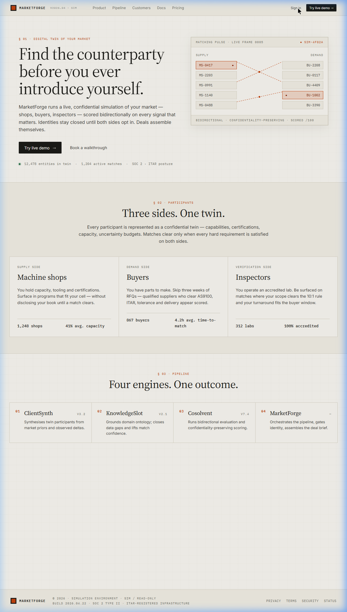 MarketForge landing page showing headline, matching pulse animation, three participant roles, and the four-engine pipeline