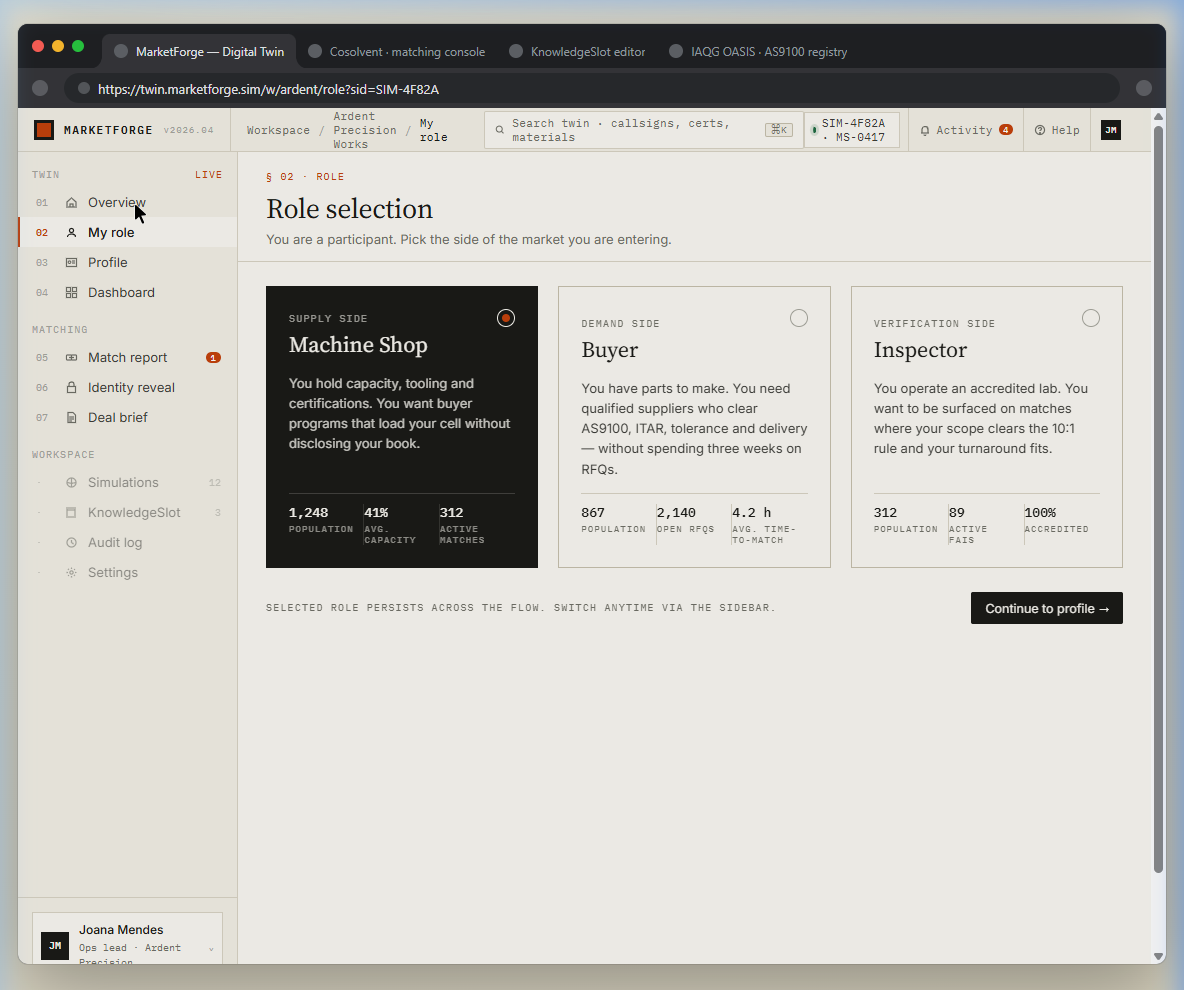 Role selection screen with three cards: Machine Shop (supply, selected), Buyer (demand), Inspector (verification)