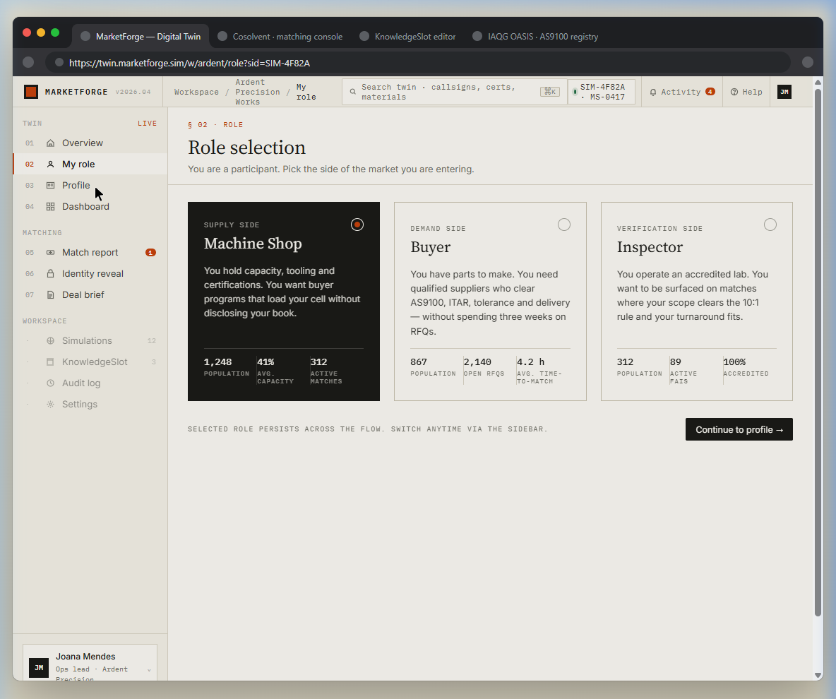 Profile page for Ardent Precision Works showing capabilities, certifications, capacity gauge, KnowledgeSlot status, and commercial constraints