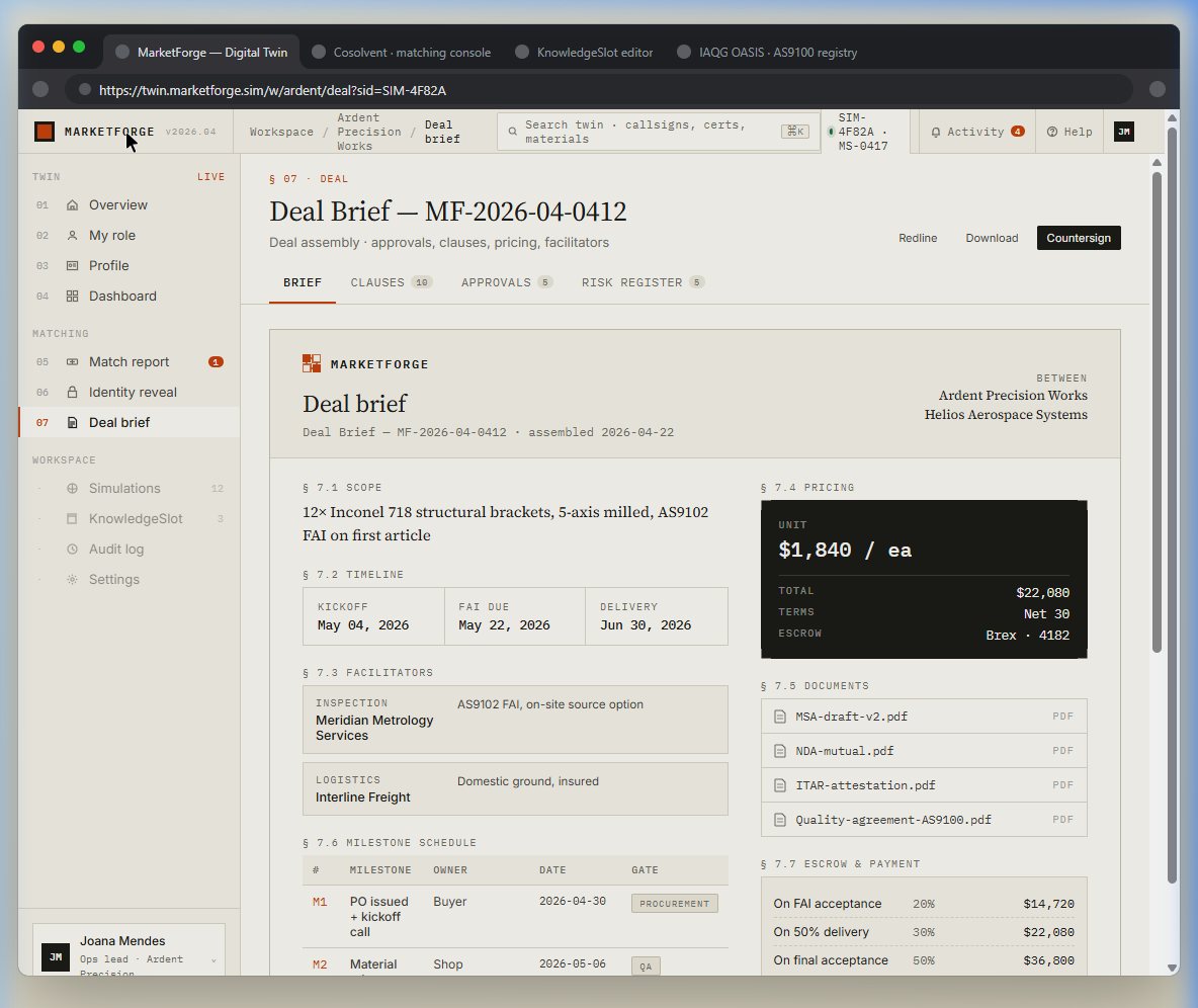Deal brief showing scope, pricing ($1,840/ea), timeline, facilitators, milestone schedule, escrow payment terms, and attached documents